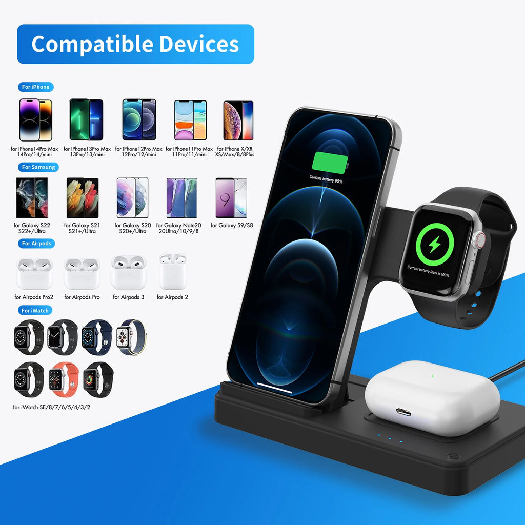 Station de recharge sans fil 3 en 1, charge rapide magnétique 18W pliable pour IPhone 16 15 14 13 12 Pro/Pro Max/Plus/montre et Airpods