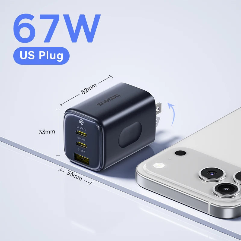 Baseus 67W GaN chargeur Mini USB C chargeur rapide chargeur de téléphone à charge rapide pour iPhone 17 16 chargeur de voyage Portable pour ordinateurs portables
