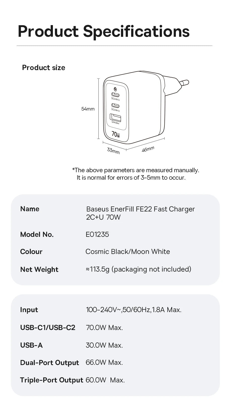 Chargeur rapide Baseus 70W USB Type-C compatible QC PD PPS, chargeur portable pour iPhone 17 16 15 14 et MacBook Air