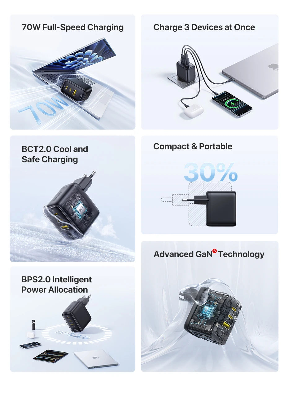 Chargeur rapide Baseus 70W USB Type-C compatible QC PD PPS, chargeur portable pour iPhone 17 16 15 14 et MacBook Air