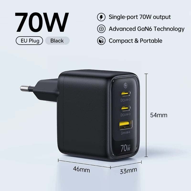 Chargeur rapide Baseus 70W USB Type-C compatible QC PD PPS, chargeur portable pour iPhone 17 16 15 14 et MacBook Air