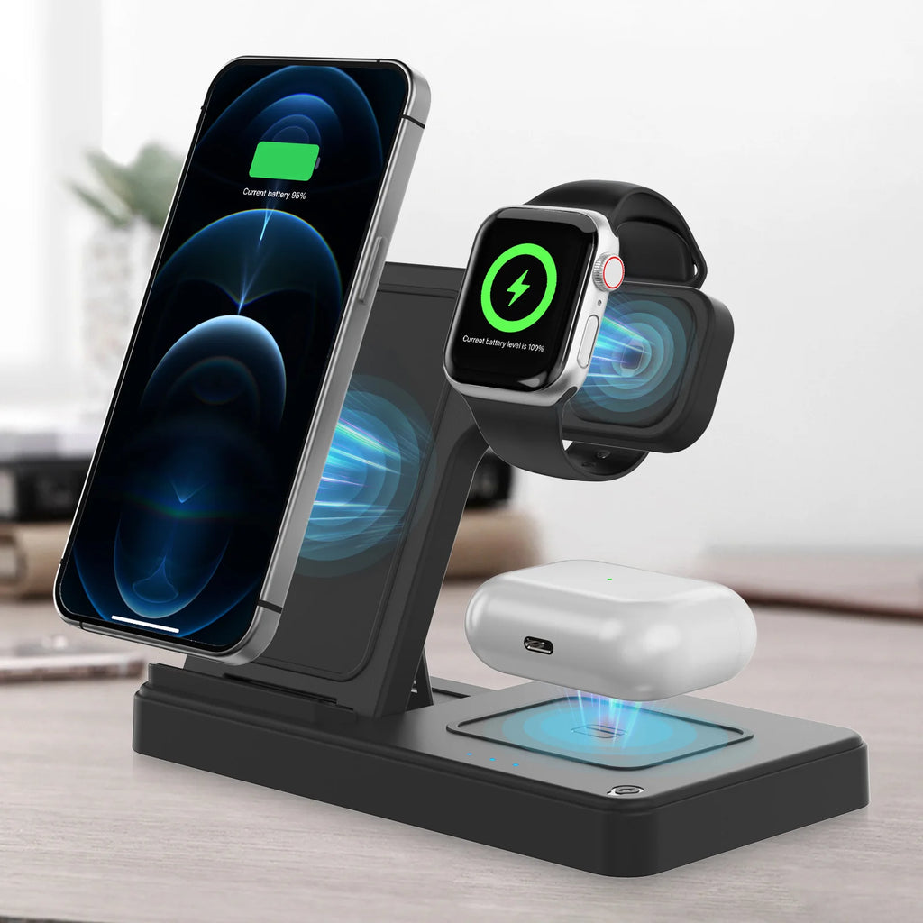 Station de recharge sans fil 3 en 1, charge rapide magnétique 18W pliable pour IPhone 16 15 14 13 12 Pro/Pro Max/Plus/montre et Airpods