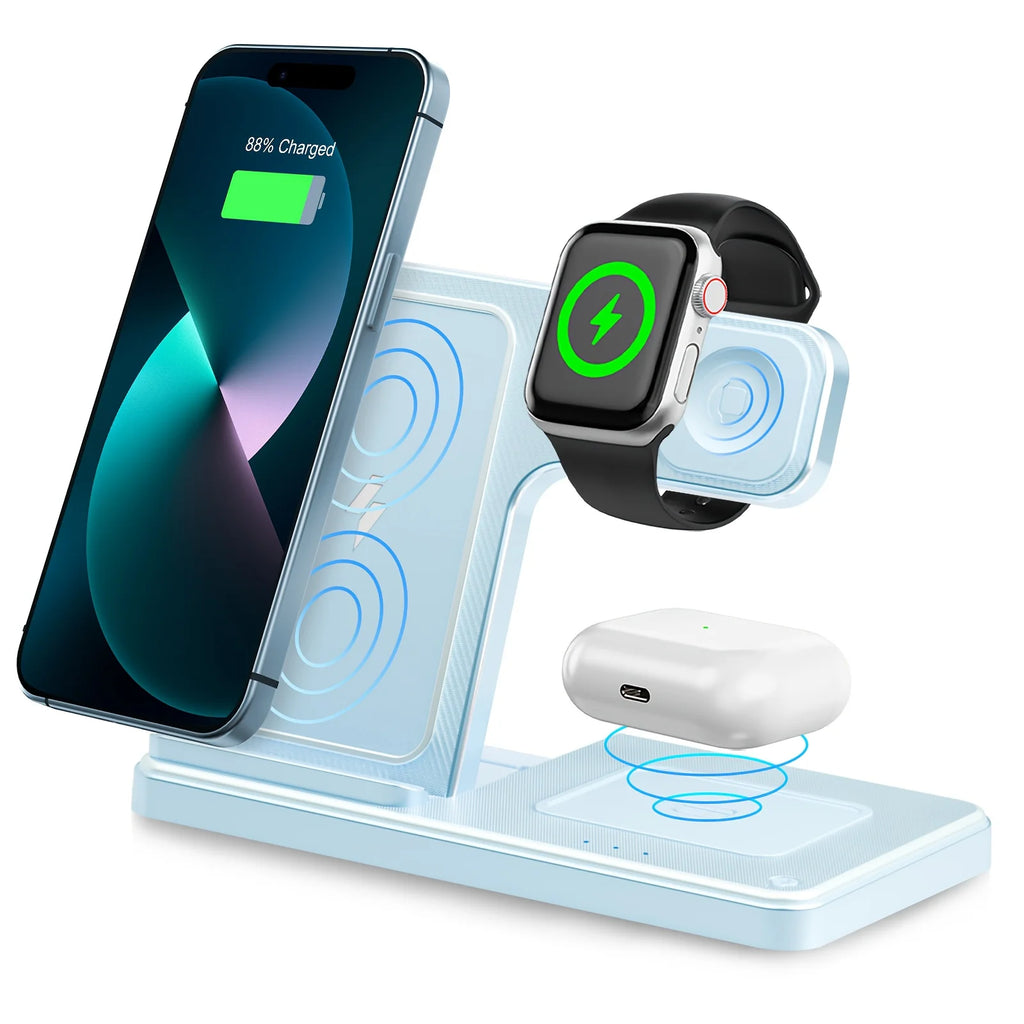 Station de recharge sans fil 3 en 1, charge rapide magnétique 18W pliable pour IPhone 16 15 14 13 12 Pro/Pro Max/Plus/montre et Airpods