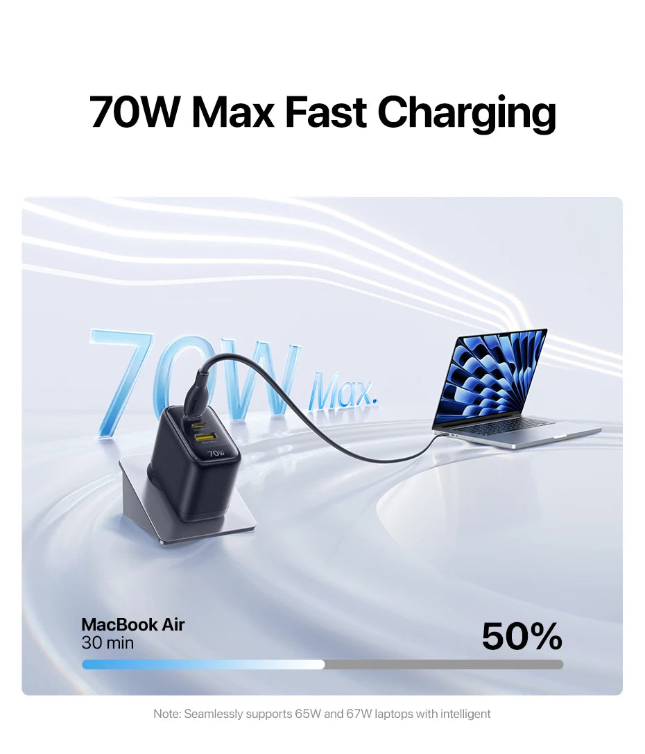 Chargeur rapide Baseus 70W USB Type-C compatible QC PD PPS, chargeur portable pour iPhone 17 16 15 14 et MacBook Air