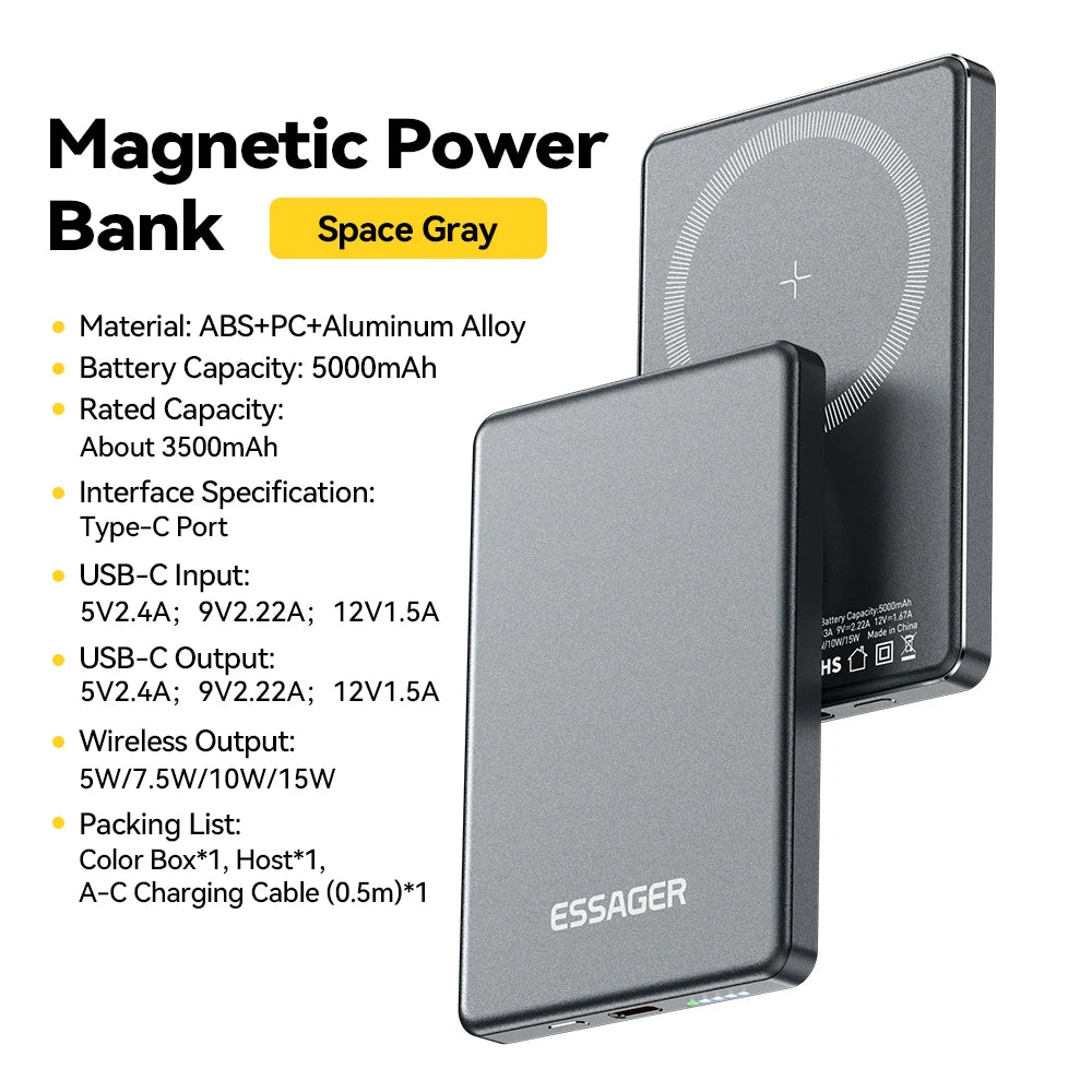 Essager-Batterie externe magnétique sans fil mince, 20W, 5000mAh, charge rapide, portable, Magsafe, iPhone 16, 15, 14, 13