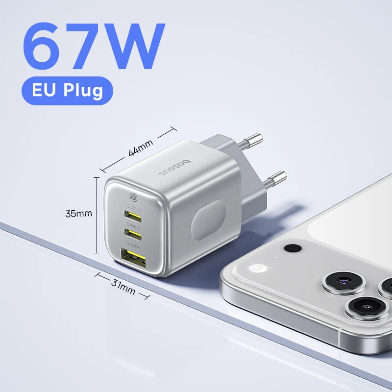 Baseus 67W GaN chargeur Mini USB C chargeur rapide chargeur de téléphone à charge rapide pour iPhone 17 16 chargeur de voyage Portable pour ordinateurs portables