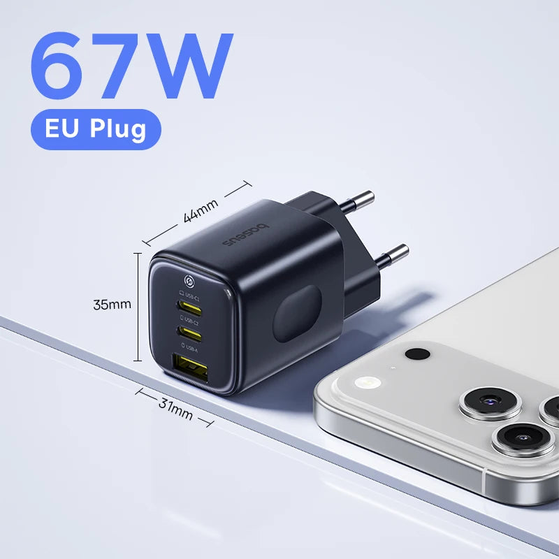 Baseus 67W GaN chargeur Mini USB C chargeur rapide chargeur de téléphone à charge rapide pour iPhone 17 16 chargeur de voyage Portable pour ordinateurs portables