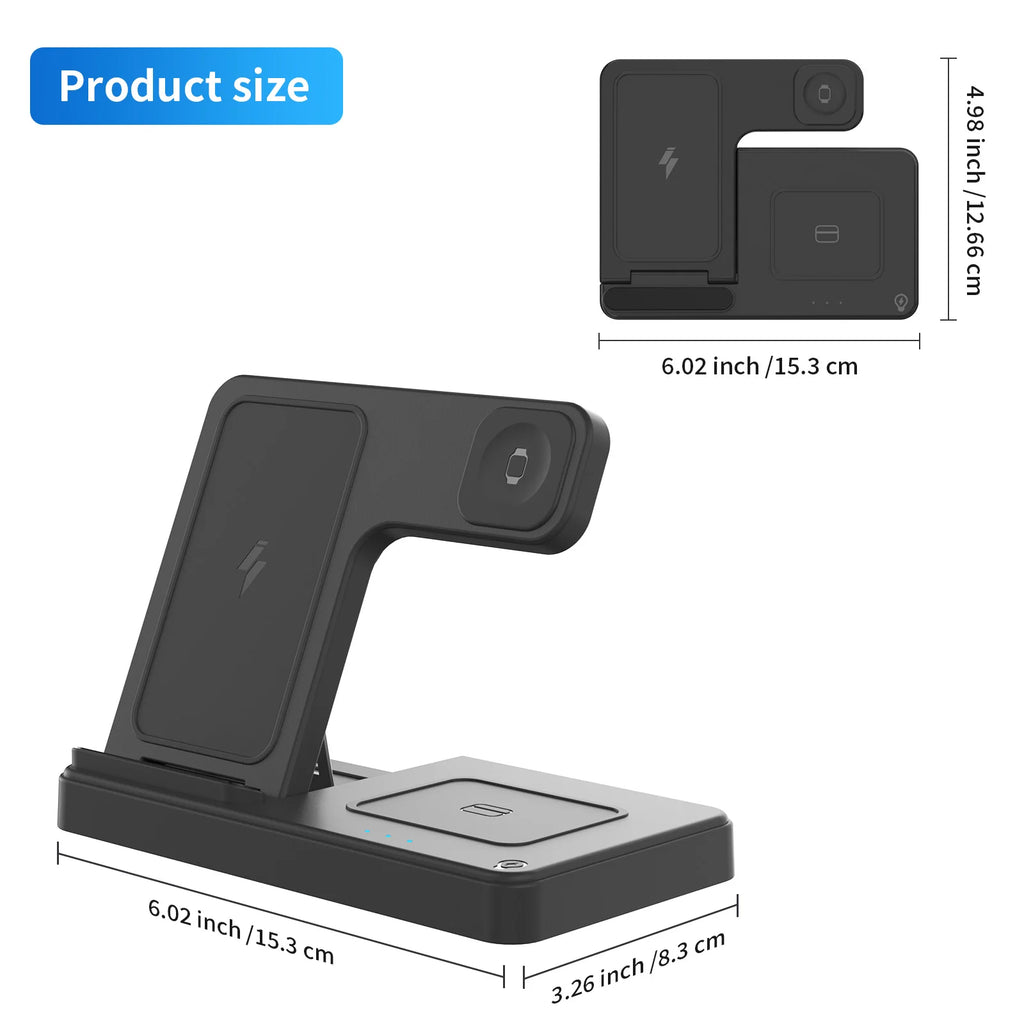 Station de recharge sans fil 3 en 1, charge rapide magnétique 18W pliable pour IPhone 16 15 14 13 12 Pro/Pro Max/Plus/montre et Airpods