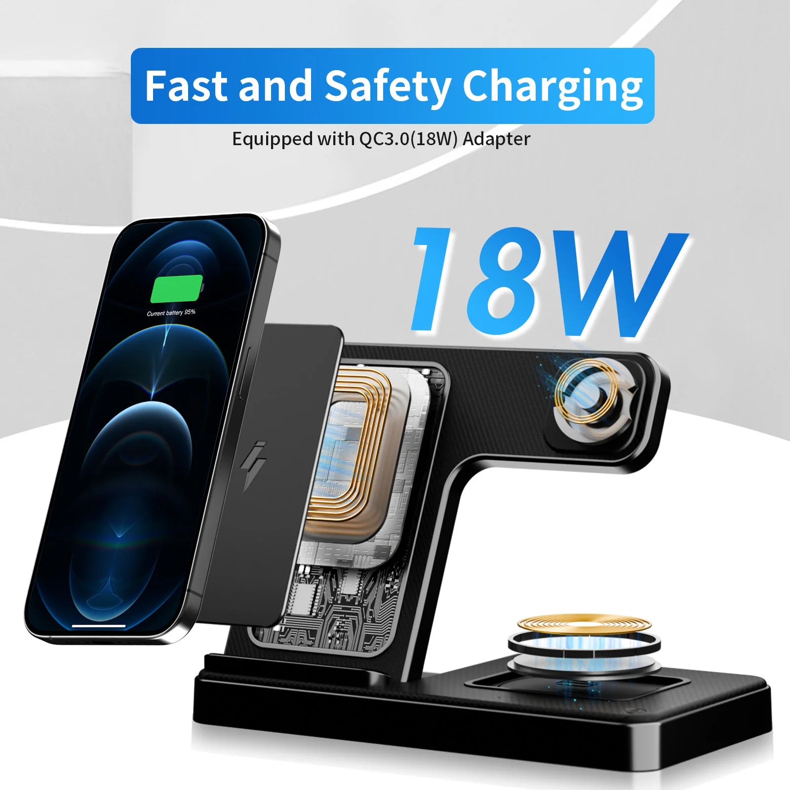 Station de recharge sans fil 3 en 1, charge rapide magnétique 18W pliable pour IPhone 16 15 14 13 12 Pro/Pro Max/Plus/montre et Airpods