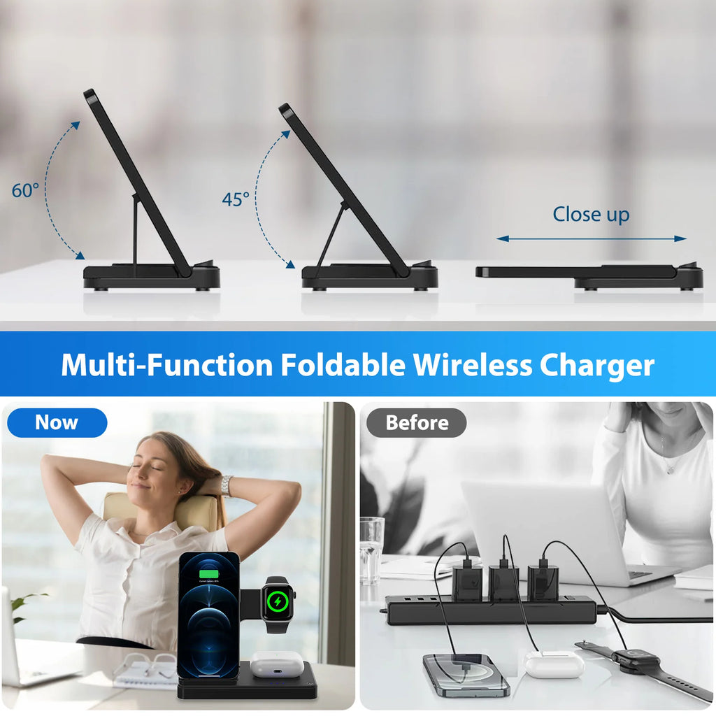 Station de recharge sans fil 3 en 1, charge rapide magnétique 18W pliable pour IPhone 16 15 14 13 12 Pro/Pro Max/Plus/montre et Airpods