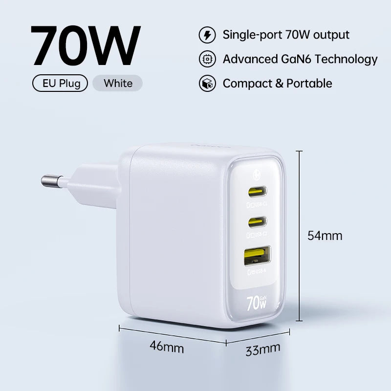 Chargeur rapide Baseus 70W USB Type-C compatible QC PD PPS, chargeur portable pour iPhone 17 16 15 14 et MacBook Air