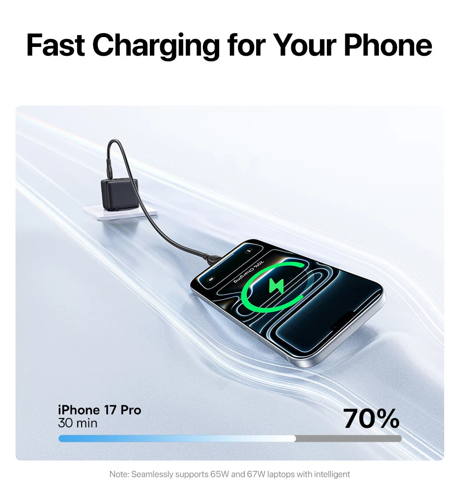 Chargeur rapide Baseus 70W USB Type-C compatible QC PD PPS, chargeur portable pour iPhone 17 16 15 14 et MacBook Air