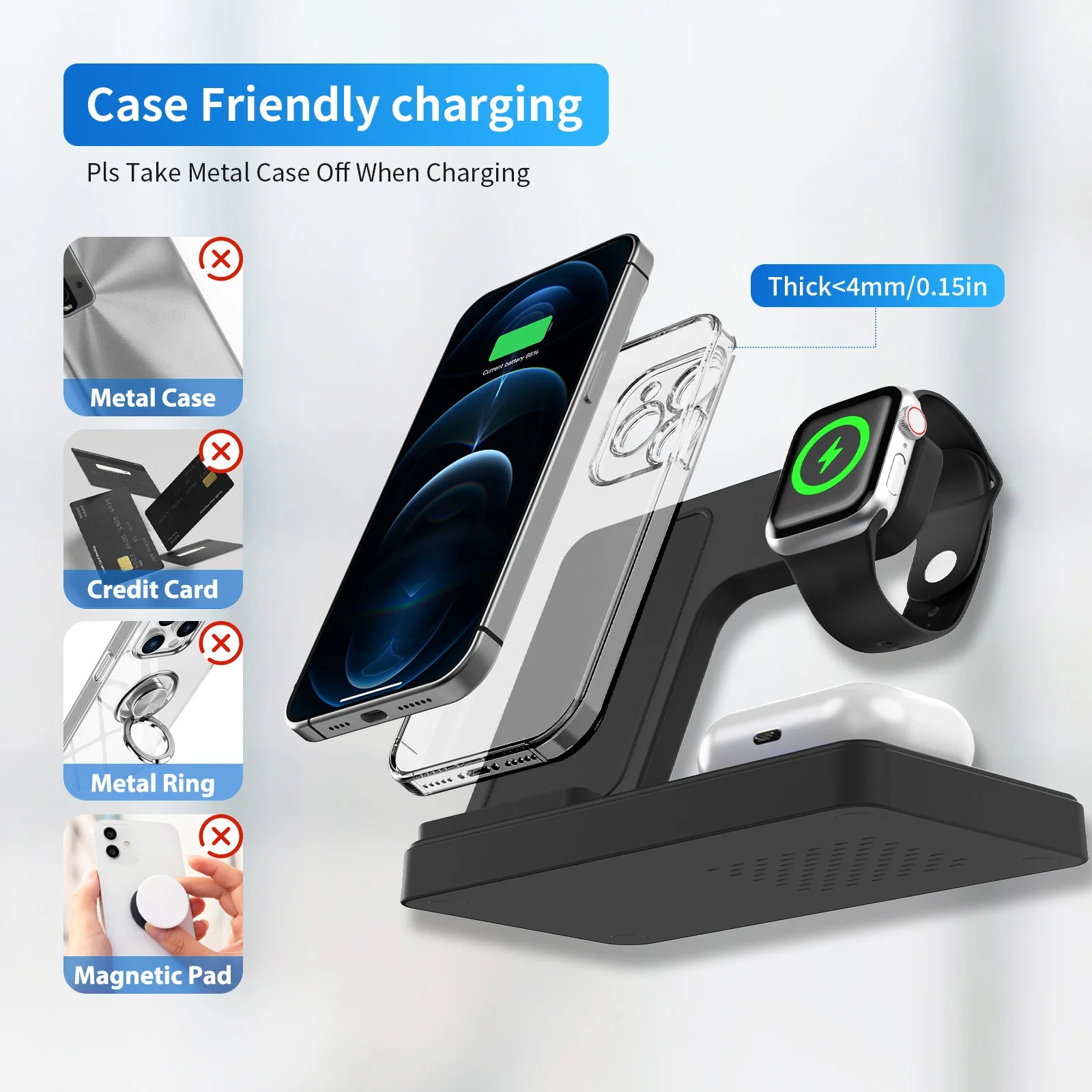 Station de recharge sans fil 3 en 1, charge rapide magnétique 18W pliable pour IPhone 16 15 14 13 12 Pro/Pro Max/Plus/montre et Airpods
