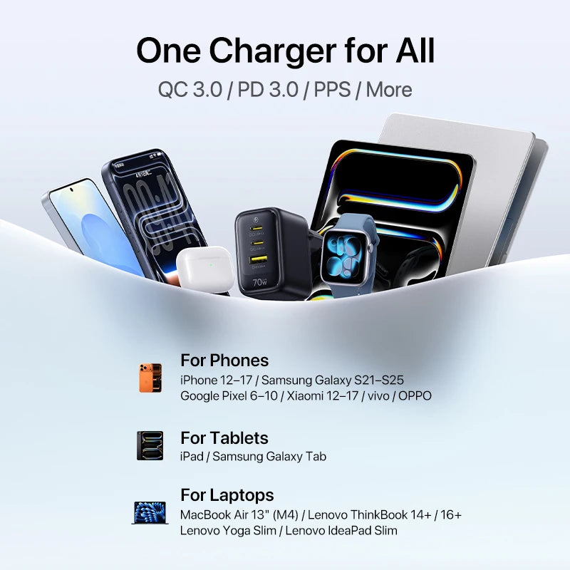 Chargeur rapide Baseus 70W USB Type-C compatible QC PD PPS, chargeur portable pour iPhone 17 16 15 14 et MacBook Air